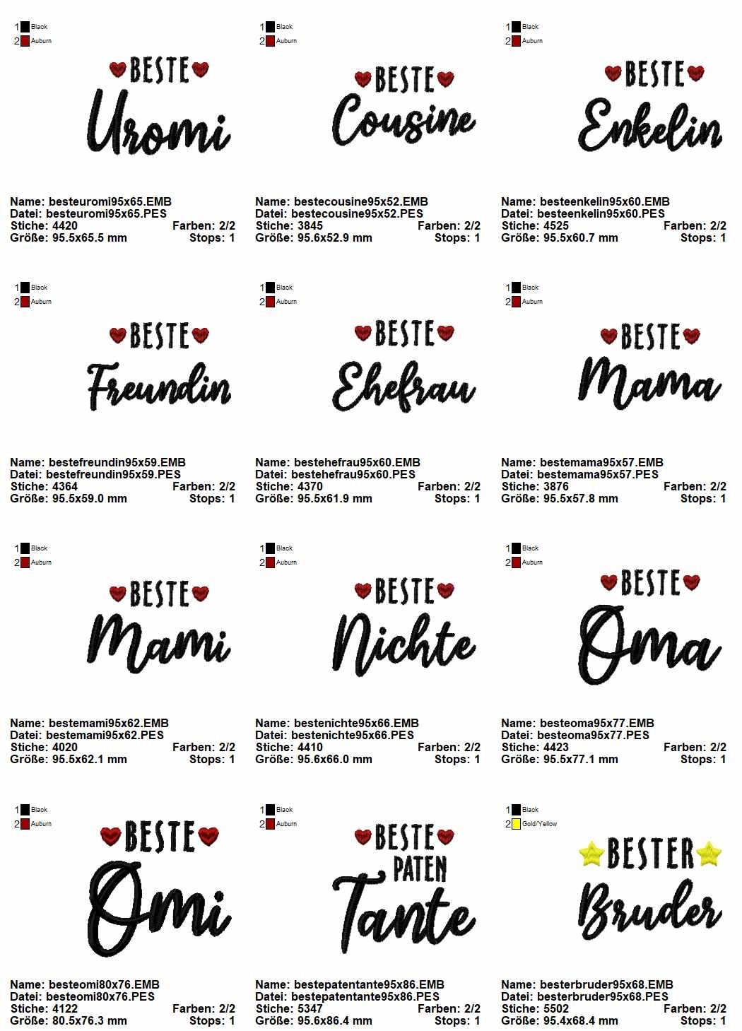 Stickdatei Set Schriftzüge beste Enkelin, Ehefrau, Oma, Nichte, Oma, Tante, Bruder.