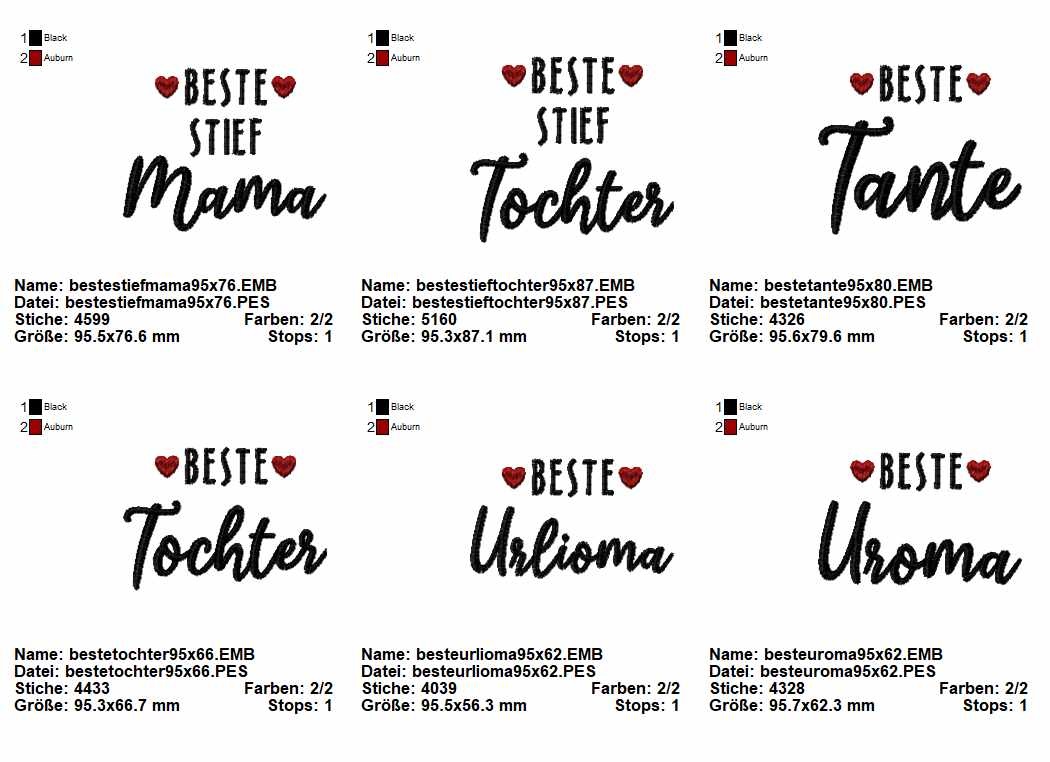 Stickdatei Set Schriftzüge beste Mama, Tochter, Tante, Uroma.