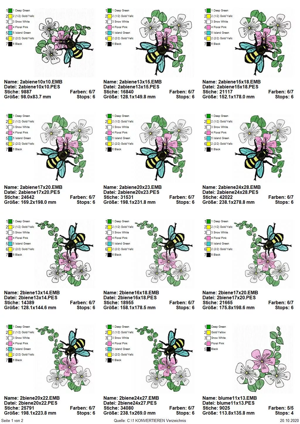 Stickdatei Biene 2 (div. Größen) Vollstick + Florale Motive Seite 1