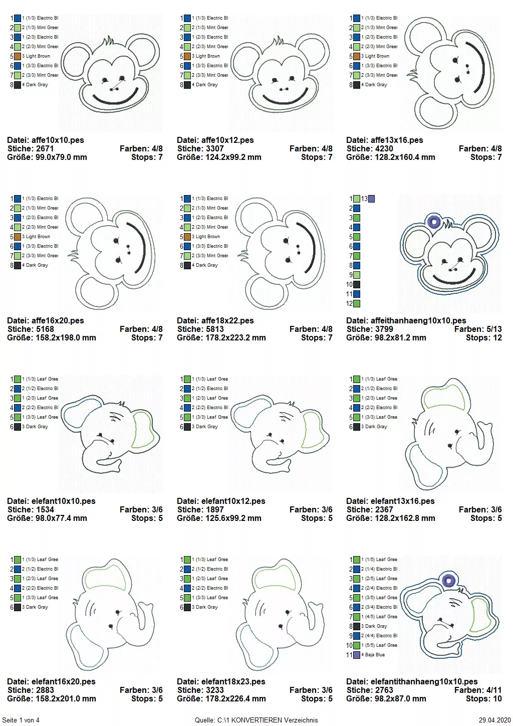 Stickdatei Set Animal Faces Applikationen 8 Motive in je 5 Größen + ITH Anhänger Seite 1