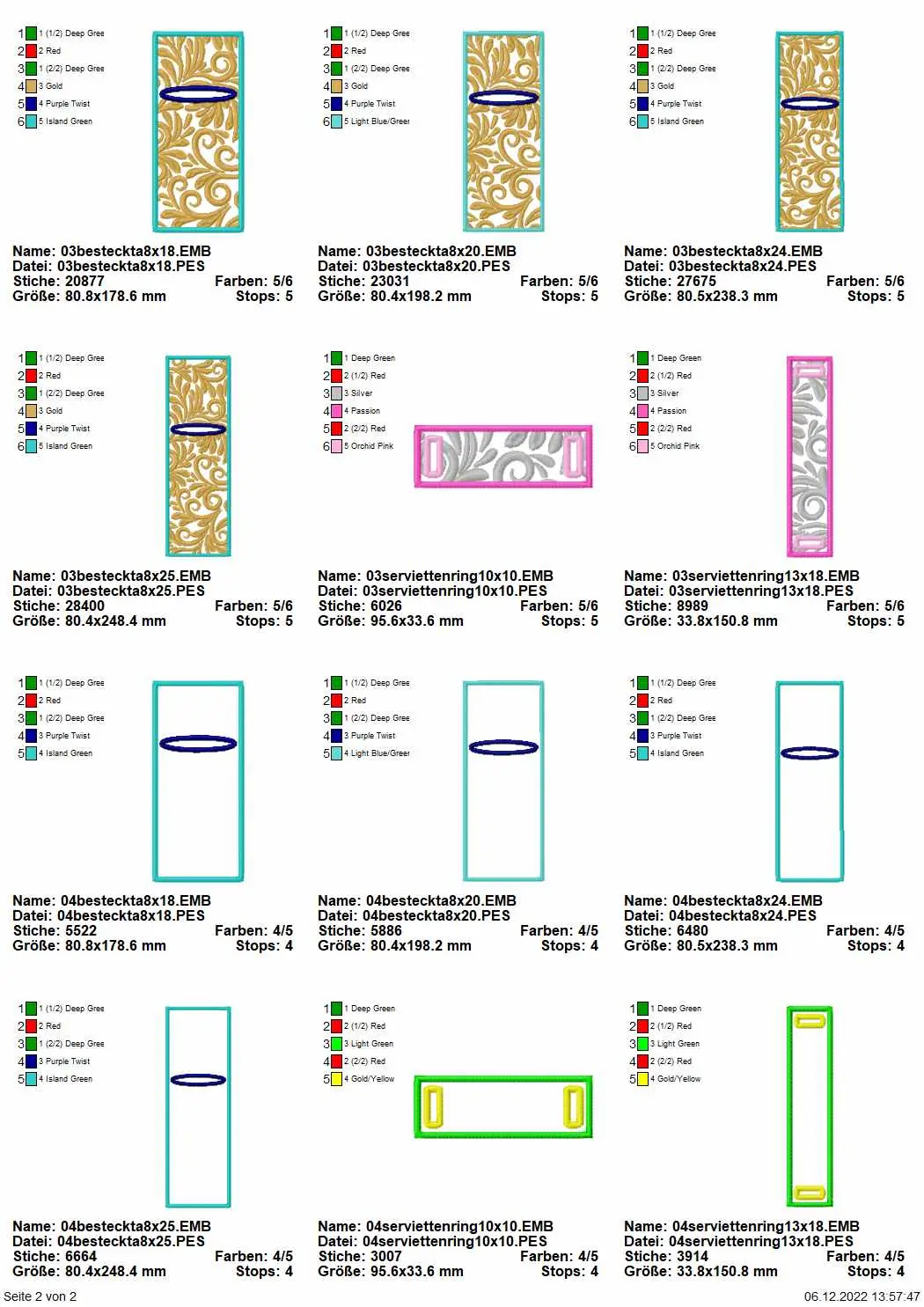 Stickdatei Set ITH Bestecktaschen & Serviettenringe Barock Seite 2