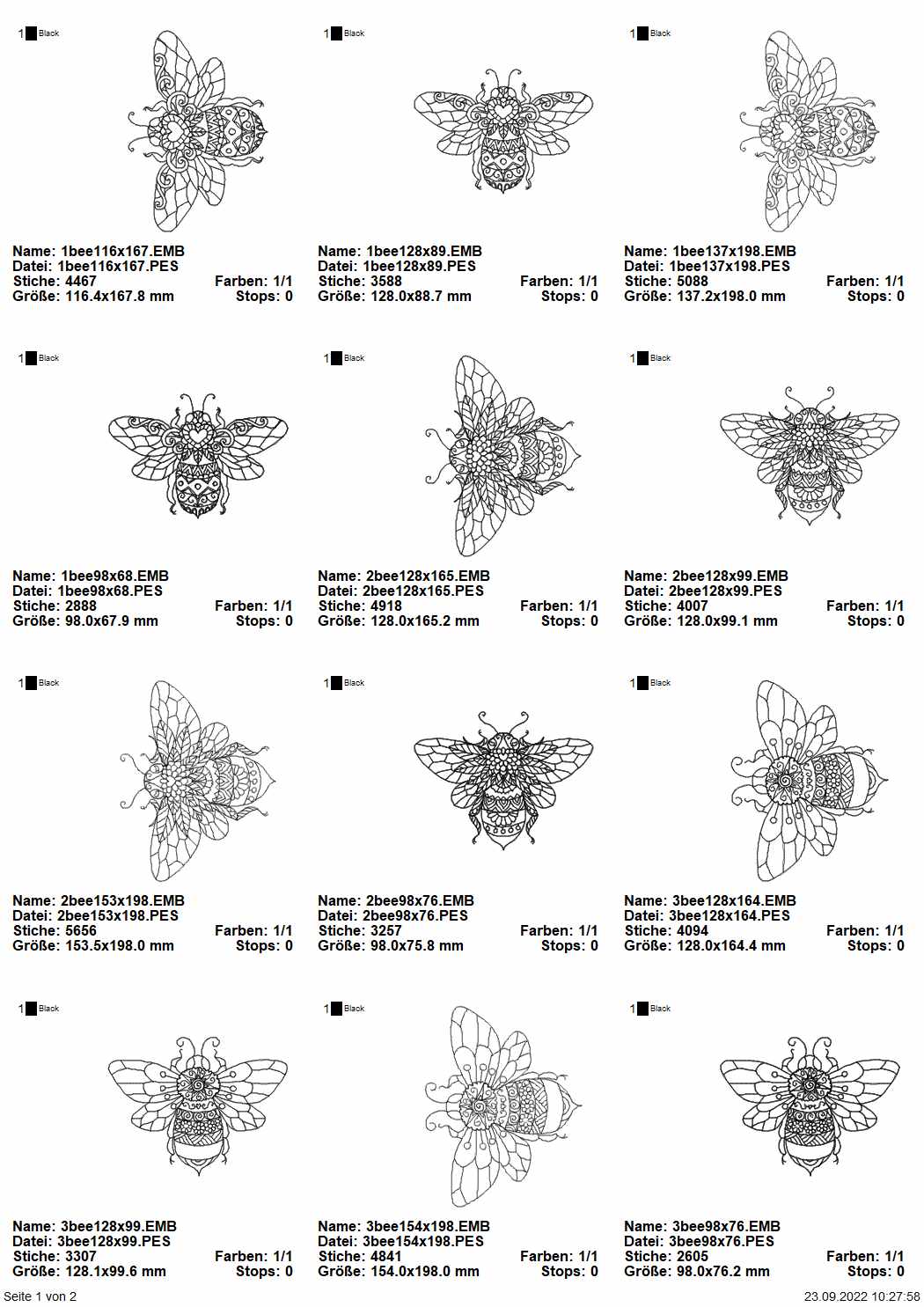 Stickdatei Set 4 Bienen Lineart Seite 1