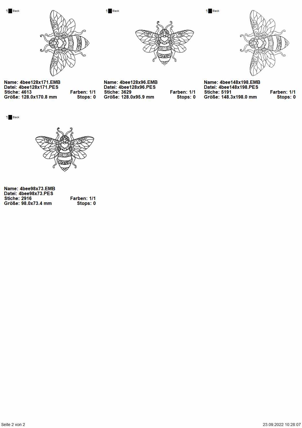 Stickdatei Set 4 Bienen Lineart Seite 2