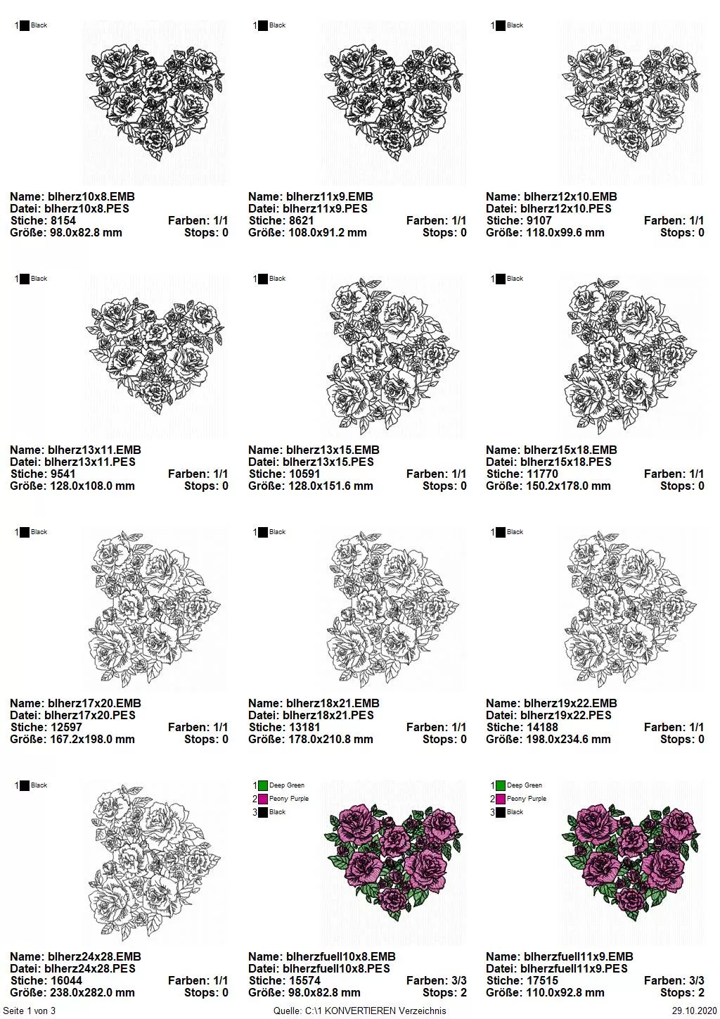 Stickdatei Blumenherz Lineart mit und ohne Vollstickflächen + einzelne Rose extra Seite 1
