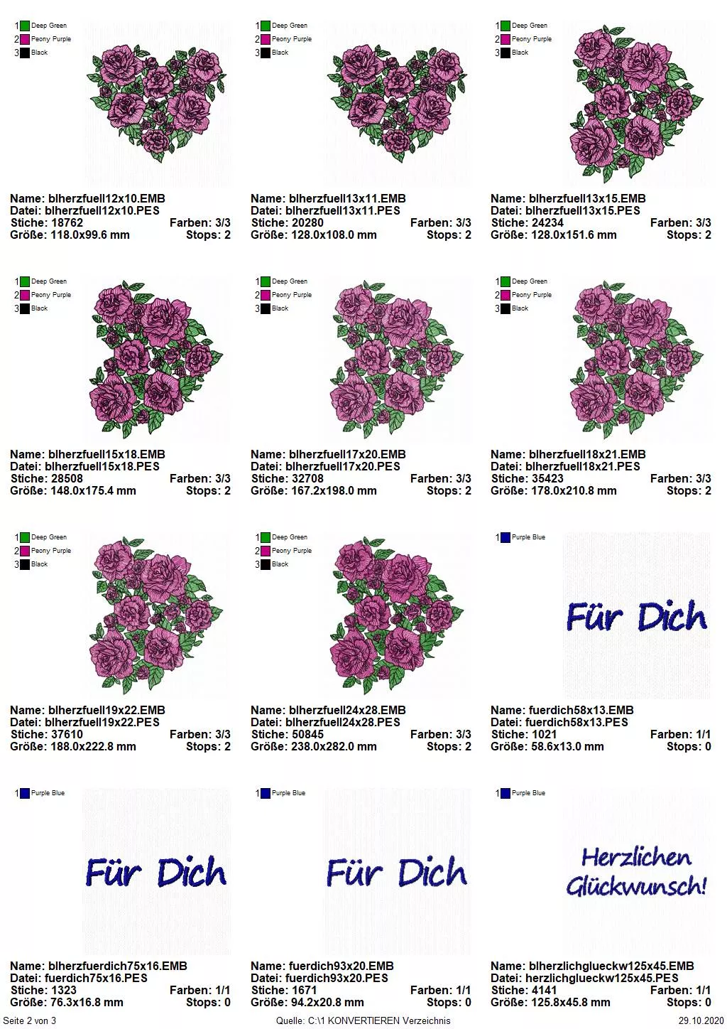 Stickdatei Blumenherz Lineart mit und ohne Vollstickflächen + einzelne Rose extra Seite 3