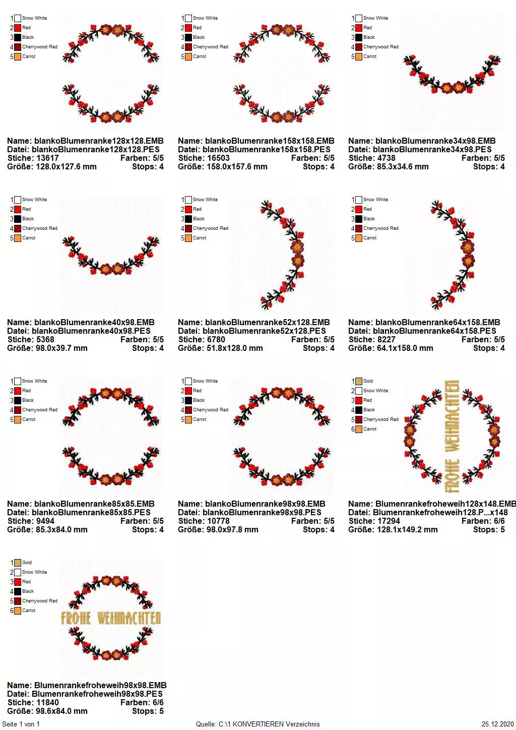 Stickdatei Set Blumenranke Blankodateien + mit Schriftzug Frohe Weihnachten (div. Größen)