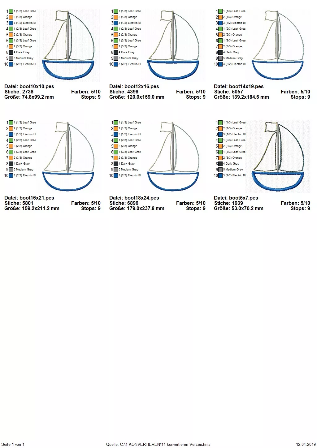 Stickdatei Set Boot-Applikation in 6 Größen