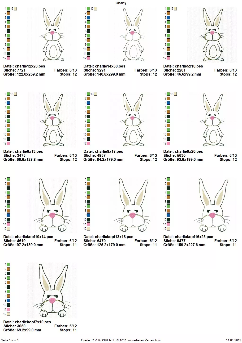 Stickdatei Set XXL Hase Charlie in 3 Variationen Seite 1