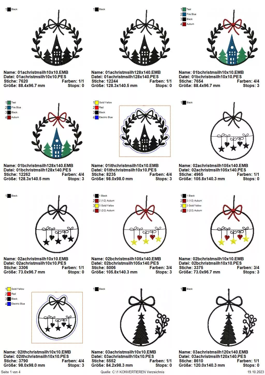 Stickdatei Set weihnachtliche Sillhouetten inkl. ITH Anhänger Übersicht S. 1