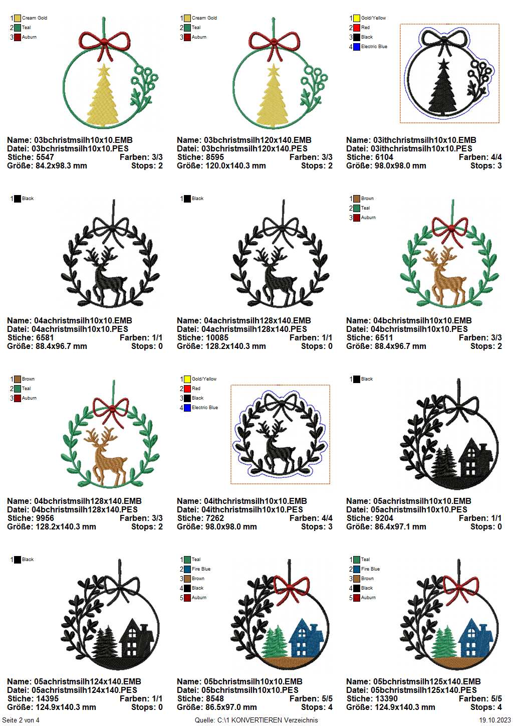 Stickdatei Set weihnachtliche Sillhouetten inkl. ITH Anhänger Übersicht S. 2