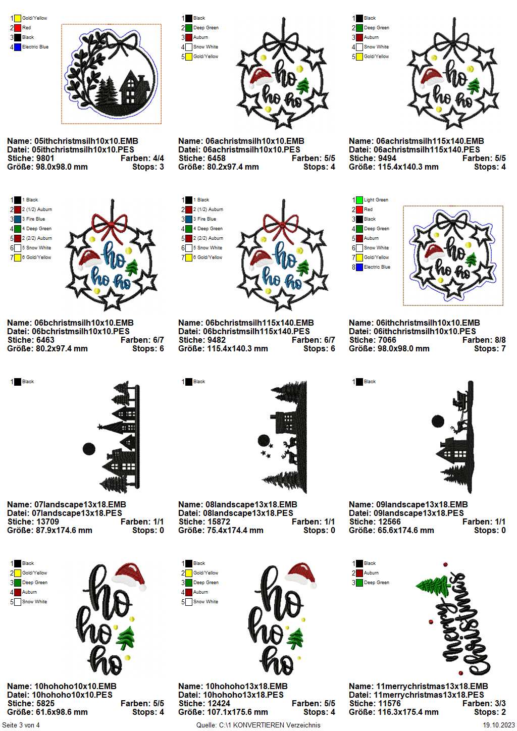Stickdatei Set weihnachtliche Sillhouetten inkl. ITH Anhänger Übersicht S. 3