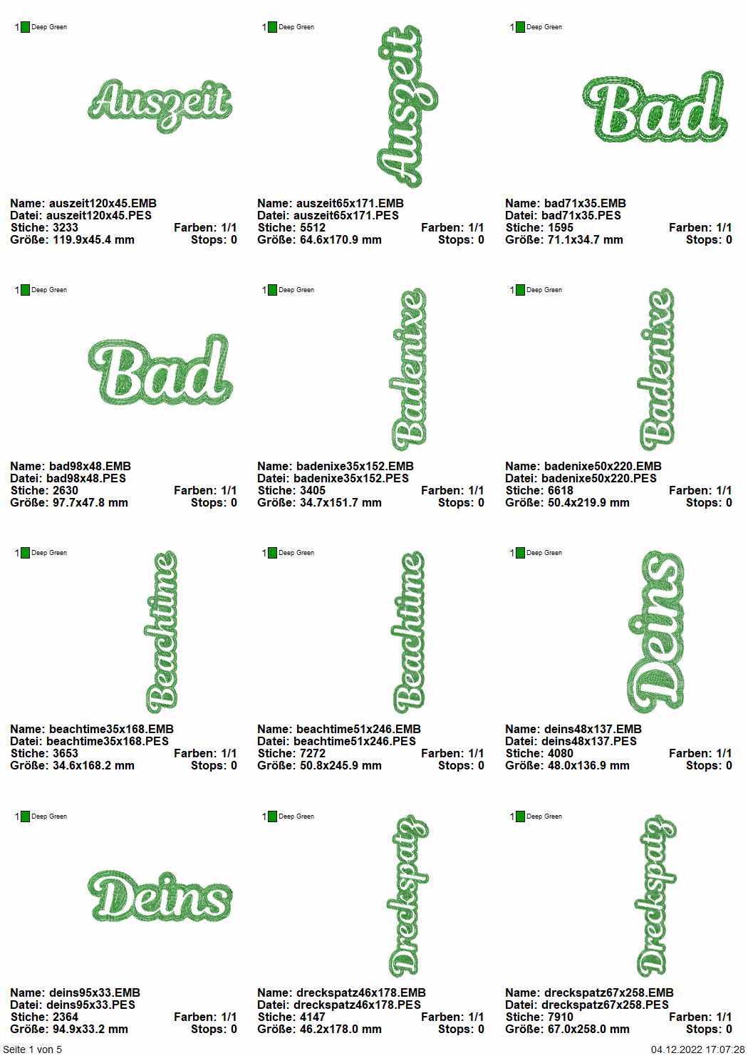 Stickdatei Set Embossed Schriftzüge für Handtücher mit den Wörtern: Auszeit, Bad, Badenixe, Deins, Dreckspatz.