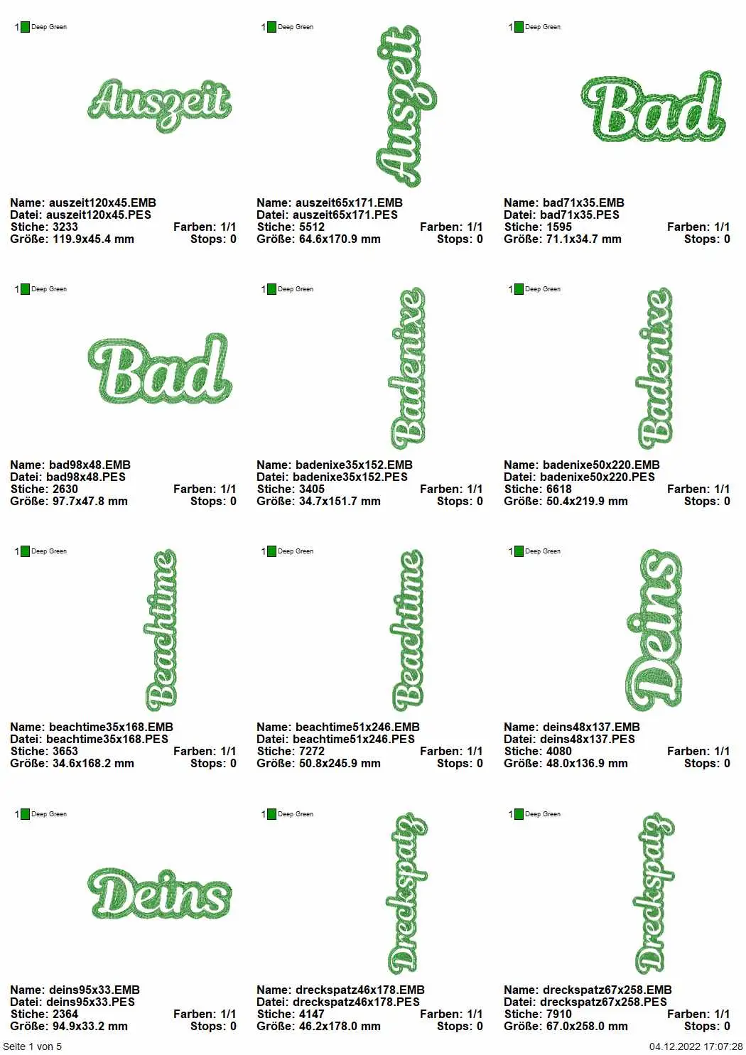 Stickdatei Set Embossed Schriftzüge für Handtücher mit den Wörtern: Auszeit, Bad, Badenixe, Deins, Dreckspatz.
