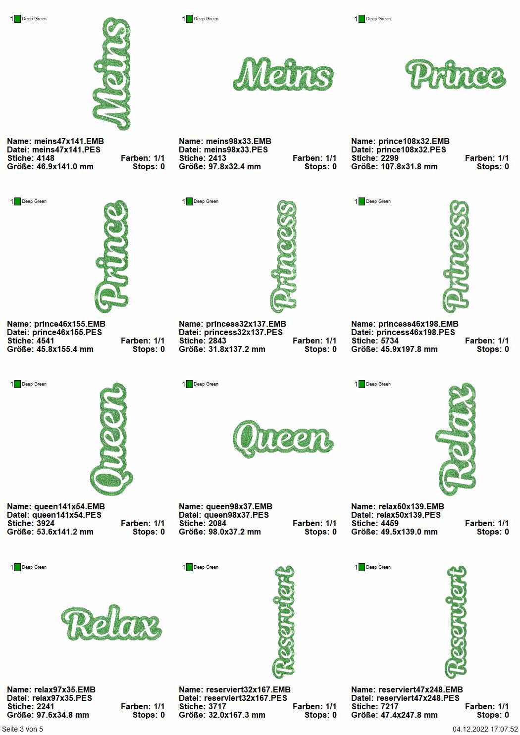 Stickdatei Set Embossed Schriftzüge für Handtücher mit den Wörtern: Meins, Prince, Princess, Queen, Relax, Reserviert.