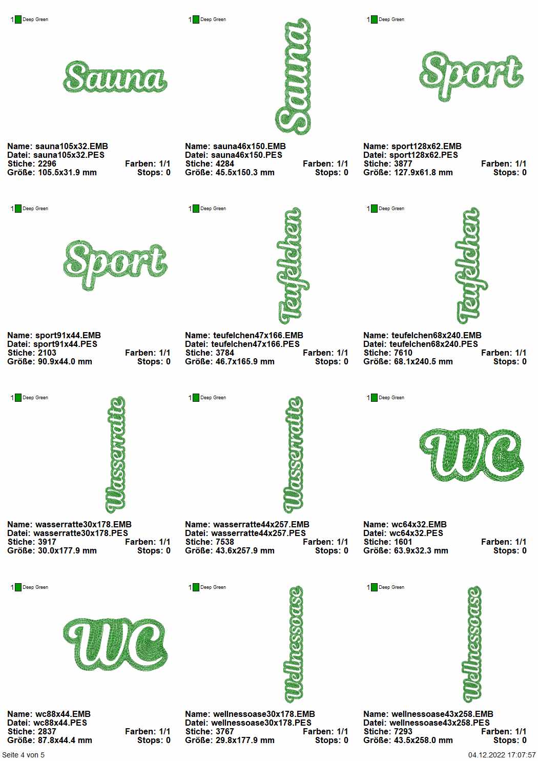 Stickdatei Set Embossed Schriftzüge für Handtücher mit den Wörtern: Sauna, Sport, Teufelchen, WC, Wasserratte, Wellnessoase.