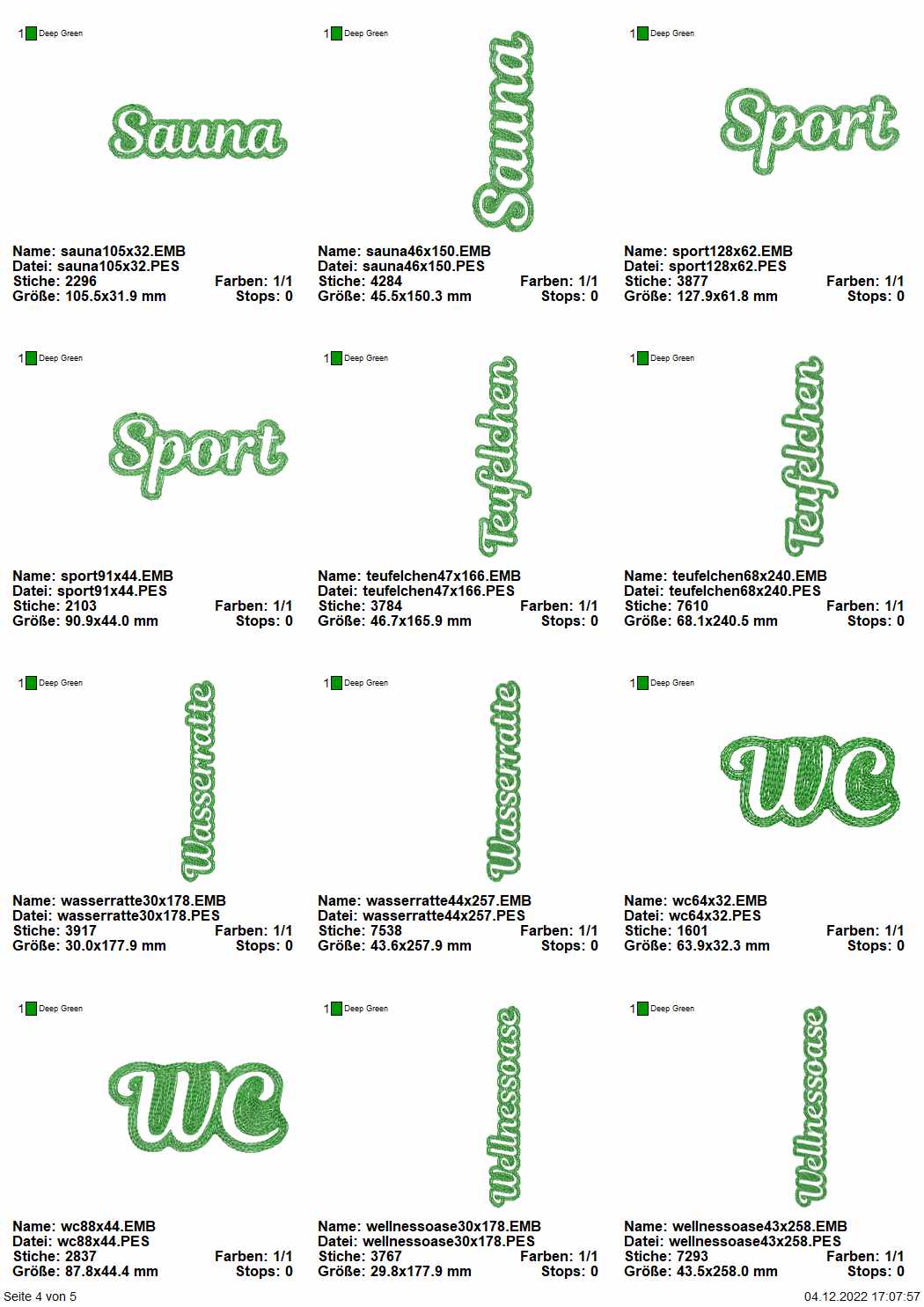 Stickdatei Set Embossed Schriftzüge für Handtücher mit den Wörtern: Sauna, Sport, Teufelchen, WC, Wasserratte, Wellnessoase.