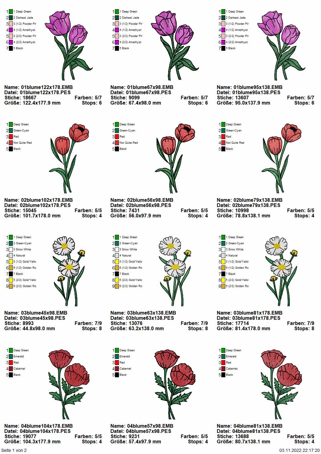 Stickdatei Set 6 Blumen für den 10x10 & 13x18er Rahmen Seite 1