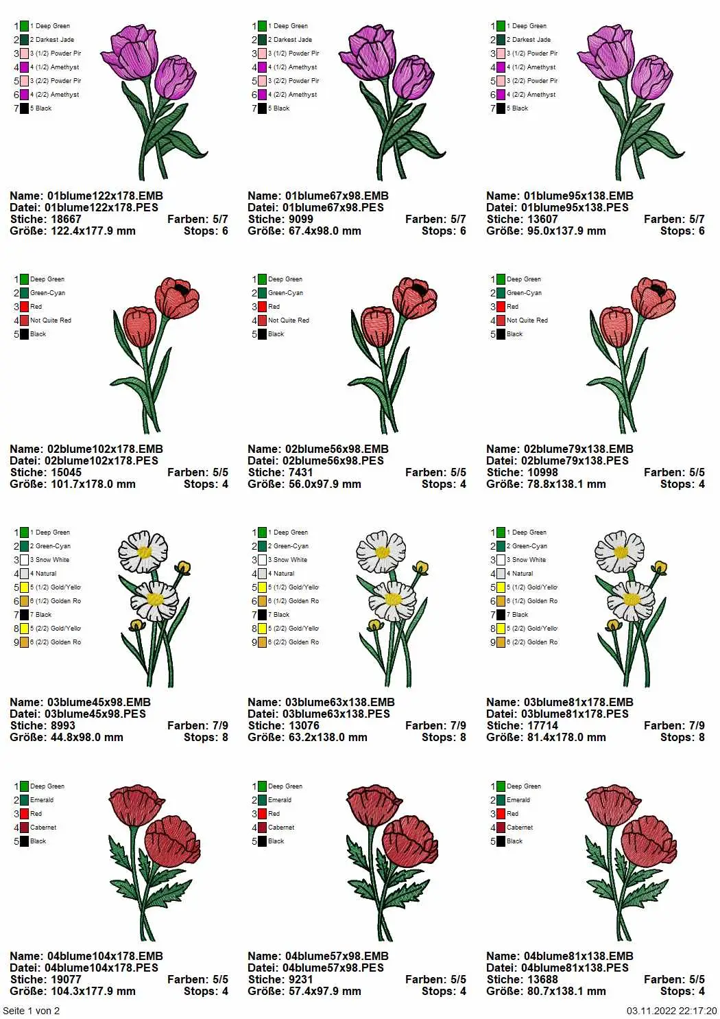 Stickdatei Set 6 Blumen für den 10x10 & 13x18er Rahmen Seite 1