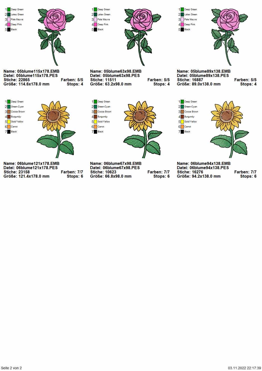 Stickdatei Set 6 Blumen für den 10x10 & 13x18er Rahmen Seite 2