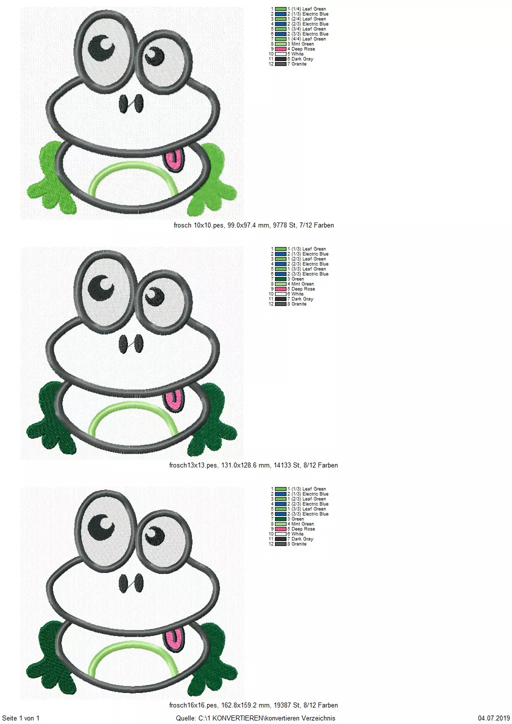 Stickdatei Frosch Applikation in 3 Größen