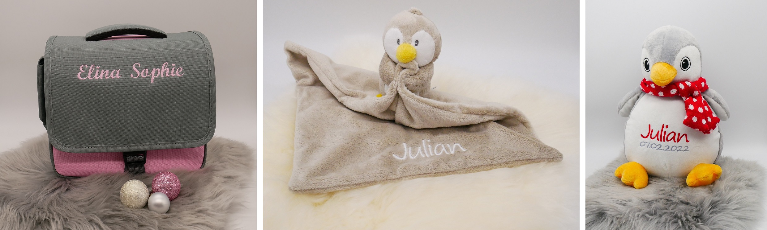 bestickte Tonie-Tasche, besticktes Schnuffeltuch mit Name und ein besticktes Kuscheltier mit Name und Geburtsdatum.