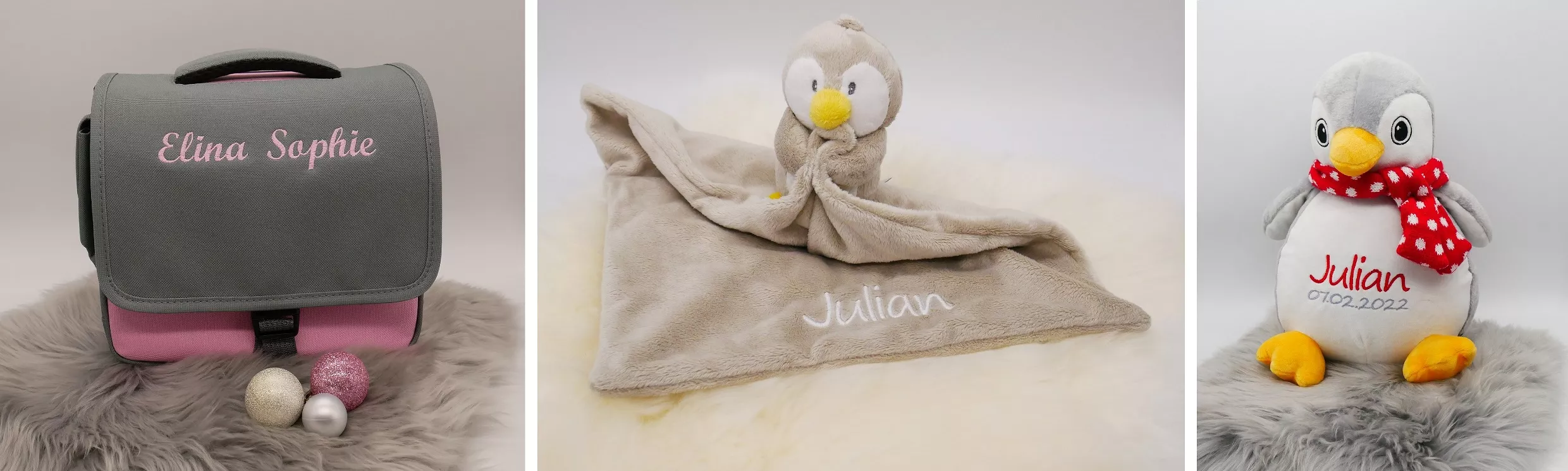 bestickte Tonie-Tasche, besticktes Schnuffeltuch mit Name und ein besticktes Kuscheltier mit Name und Geburtsdatum.