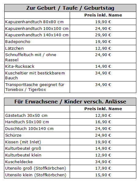 Unsere Preisliste bei Stickmops.