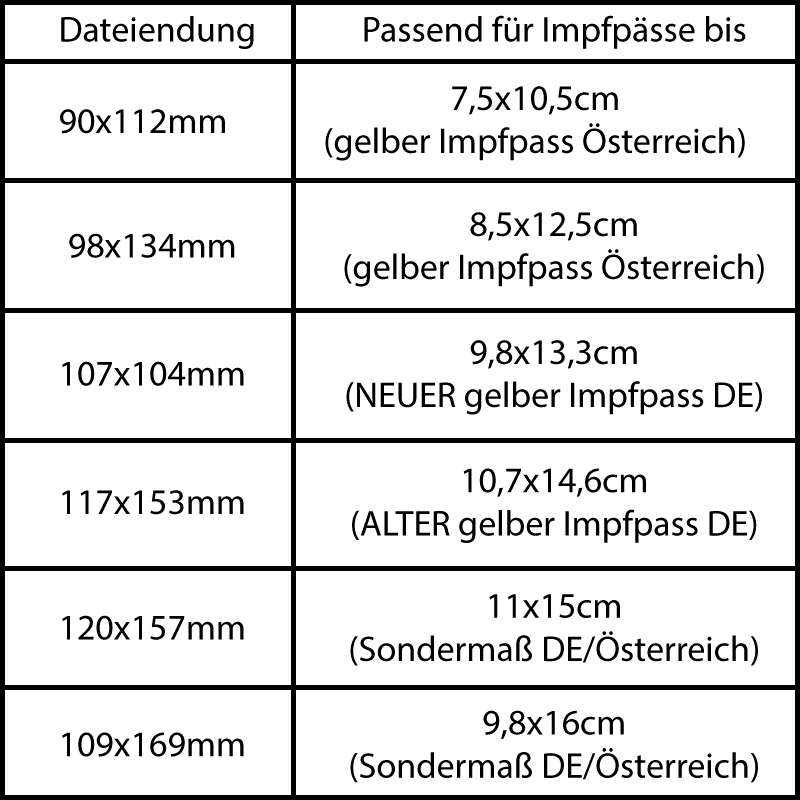 Stickdatei Set ITH Impfpass-Hüllen 24 Designs (13x18) Übersicht der Größen