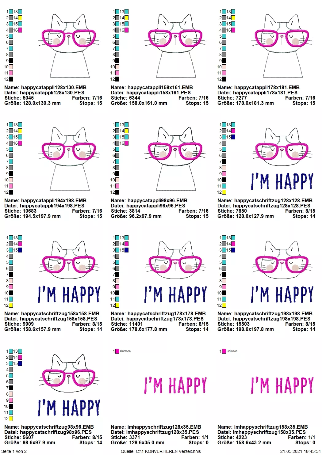 Stickdatei Set I'm Happy Cat Doodle Applikation inkl. ITH Anhänger Seite 1