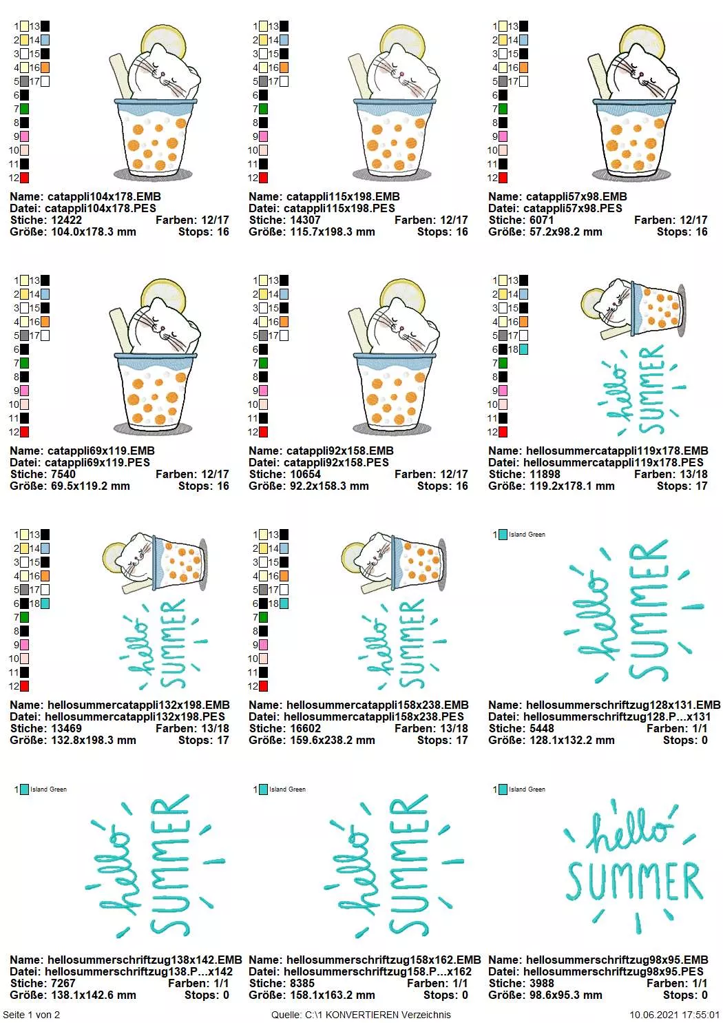 Stickdatei Set Hello Summer Cat Doodle Applikation inkl. ITH Anhänger Seite 1