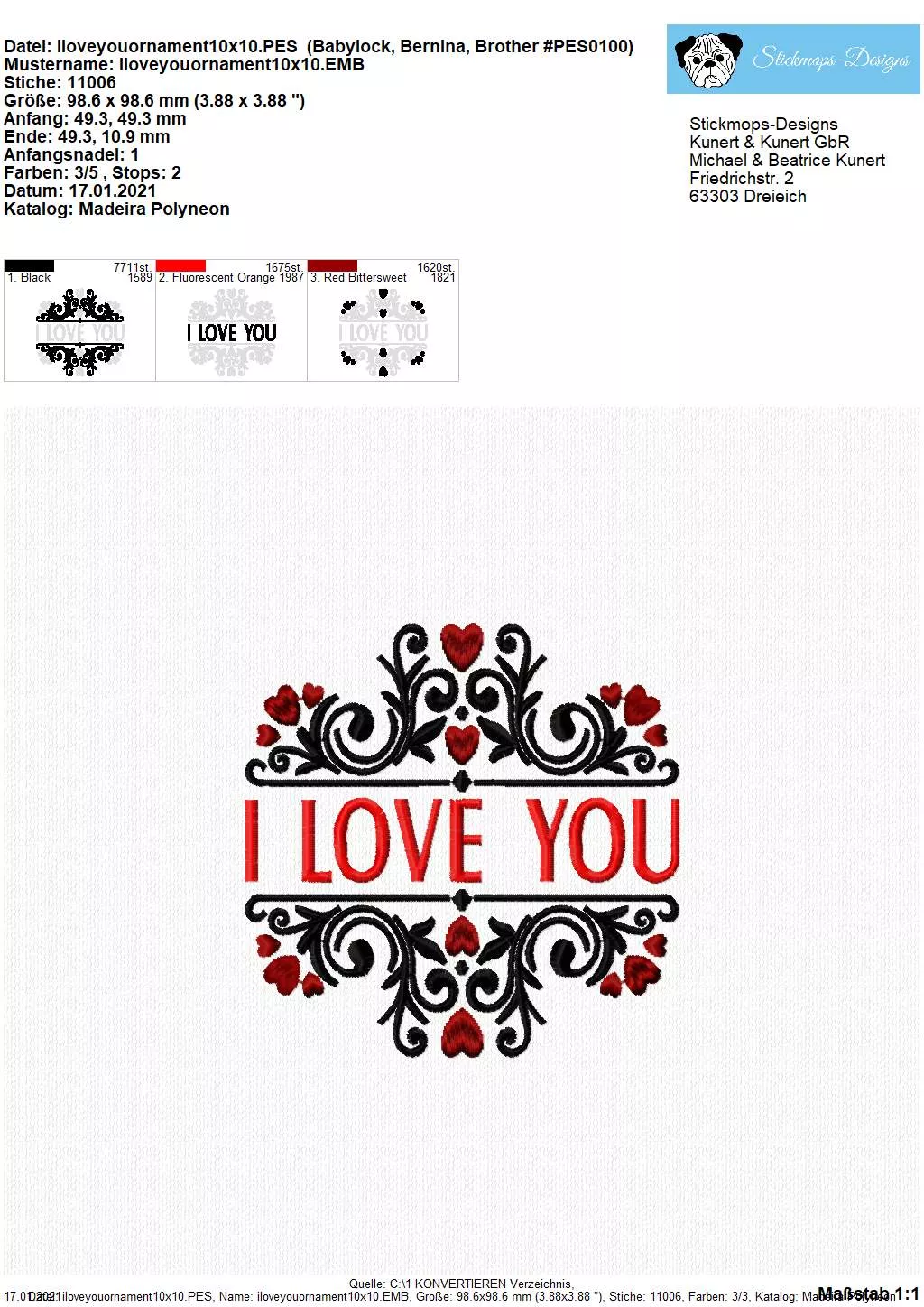 Freebie Stickdatei Split Ornament Ich liebe Dich (10x10 Rahmen) Seite 2