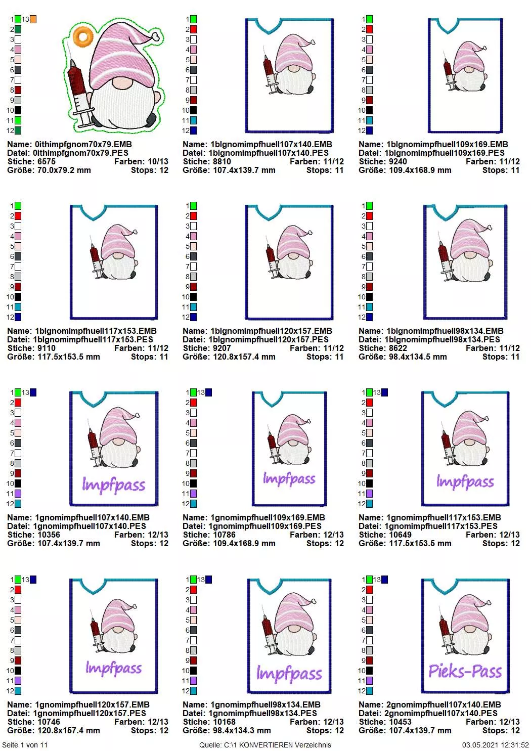 Stickdatei Set ITH Impfpass-Hüllen 24 Designs (13x18) Seite 1