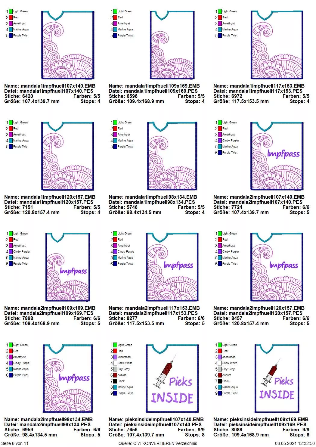 Stickdatei Set ITH Impfpass-Hüllen 24 Designs (13x18) Seite 8