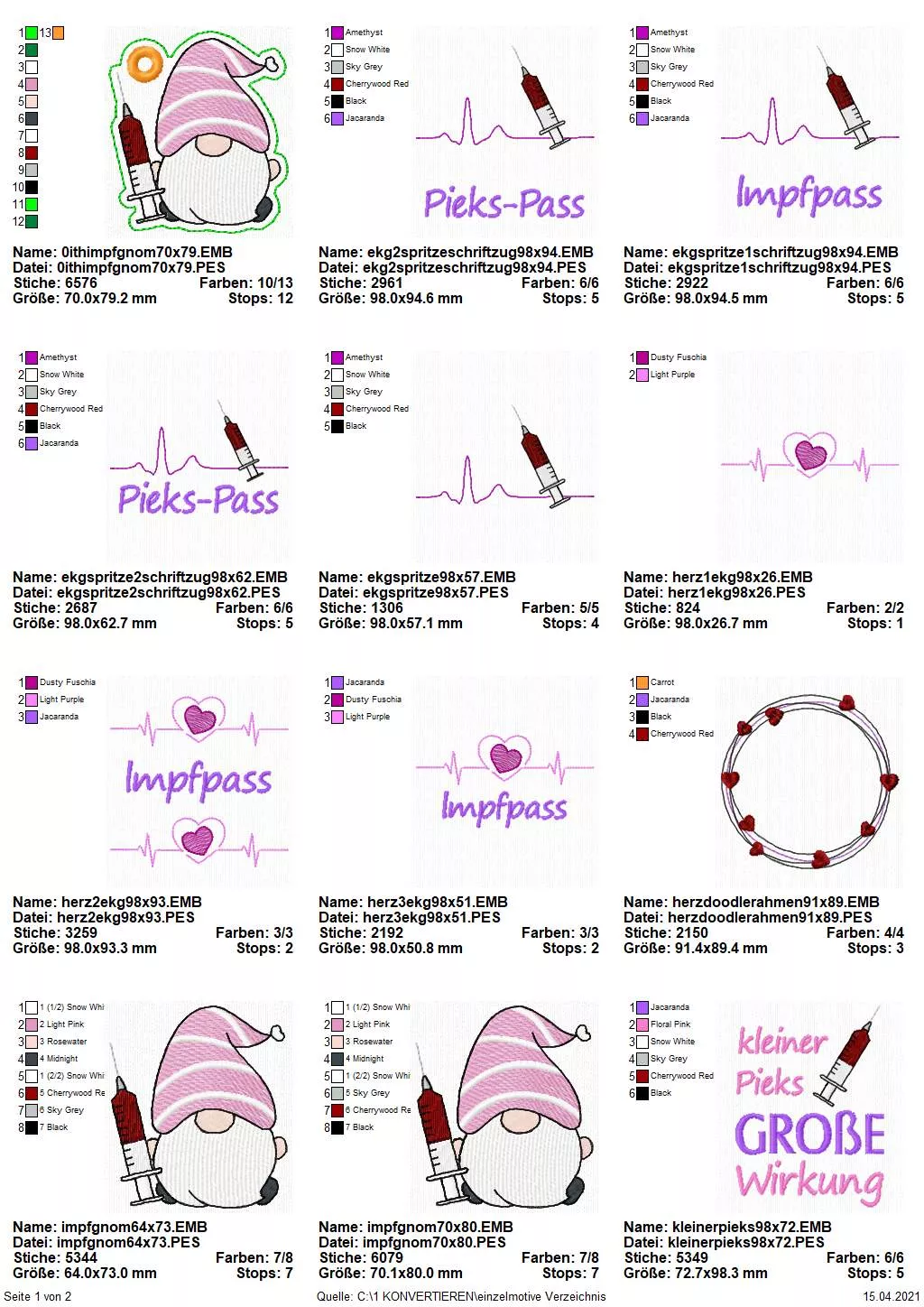 Stickdatei Set Motive für den Impfpass Seite 1