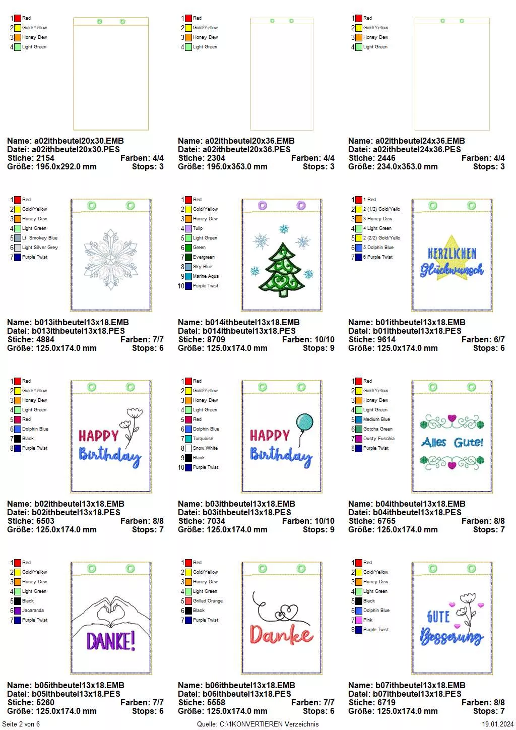 Stickdatei Set ITH Geschenkbeutel Übersicht Seite 2