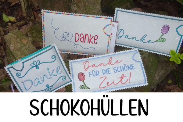 Stickdateien für Schokohüllen u.a. mit Danke Schriftzügen und mehr.