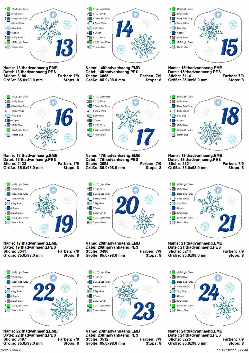 Stickdatei Set ITH Adventskalenderanhänger mit Zahlen 1-24 Seite 2