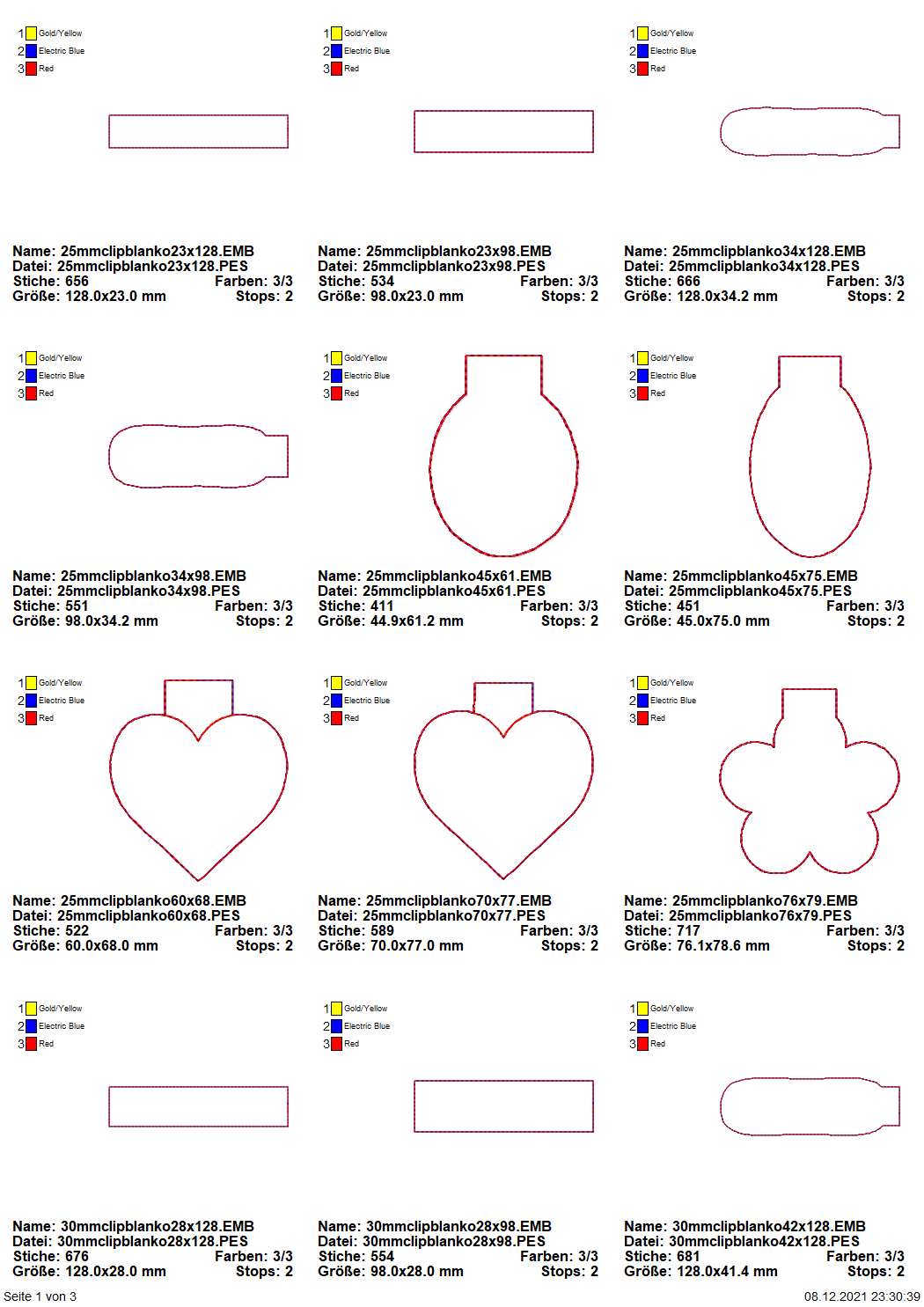 Stickdatei Set ITH Schlüsselanhänger Blanko Streifen, Herz, Oval und Blume.