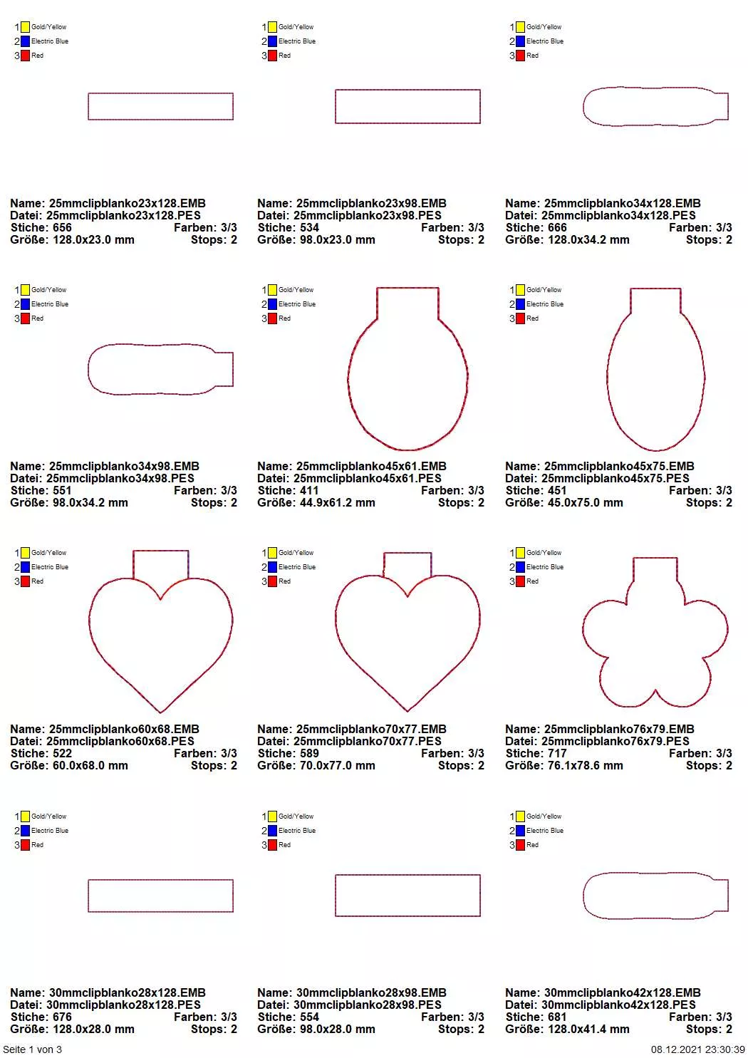 Stickdatei Set ITH Schlüsselanhänger Blanko Streifen, Herz, Oval und Blume.