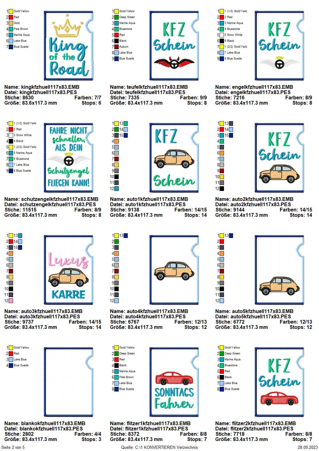 Stickdatei Set ITH KFZ-Schein Hüllen Übersicht S. 1