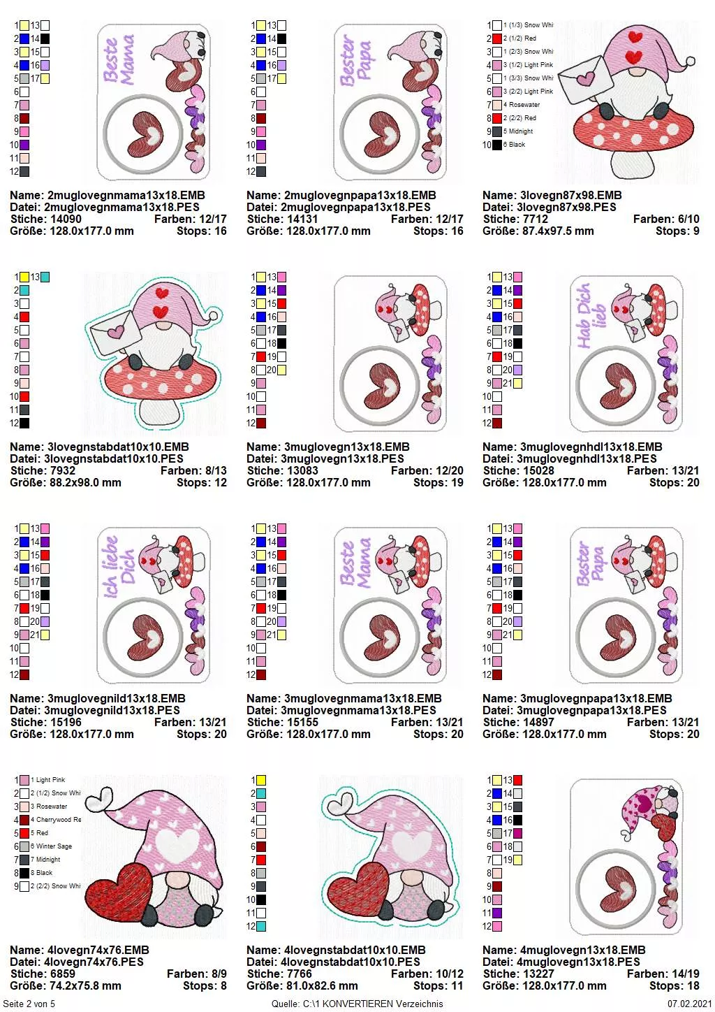 Stickdatei Set Lovegnomes Sparset 4 in 1 mit Dateien für Mugrugs, Schokohüllen, Anhänger und Stabdesigns Seite 2