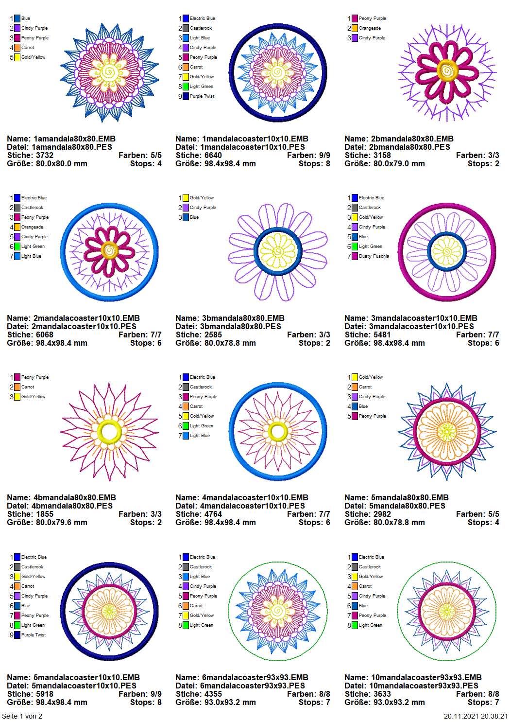 Stickdatei Set Mandala Coaster (10x10) + Einzelmotive Seite 1