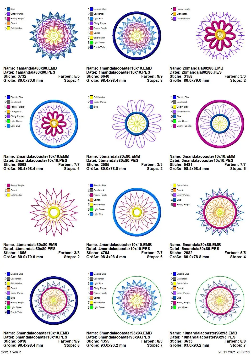 Stickdatei Set Mandala Coaster (10x10) + Einzelmotive Seite 1