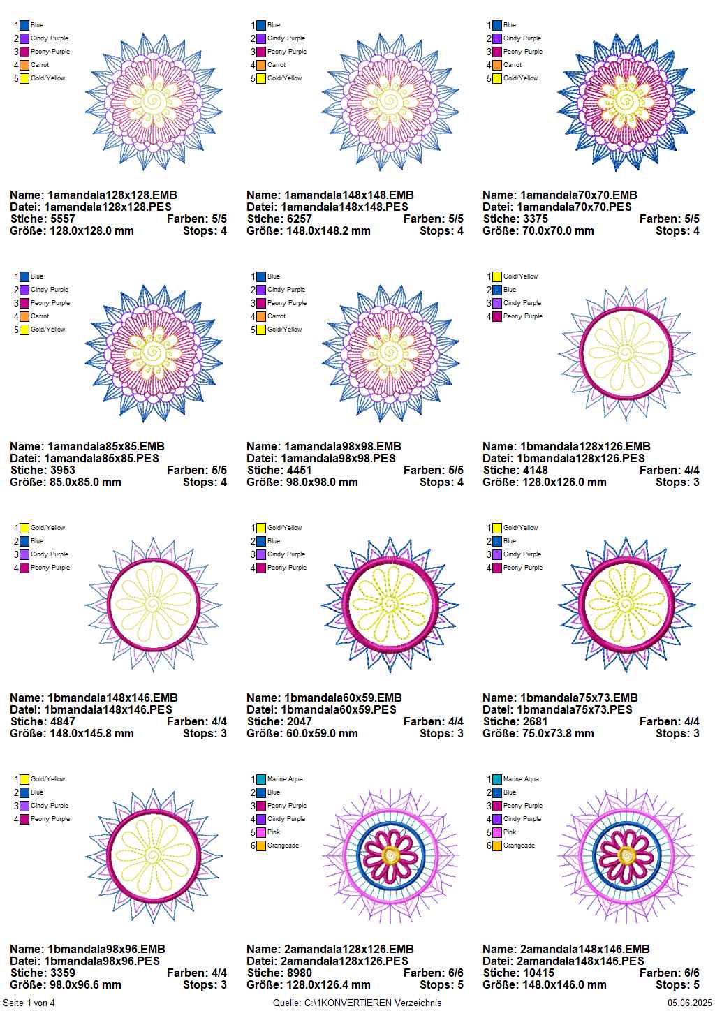 Übersicht Stickdatei Set Mandalas Line Art Stil Seite 1