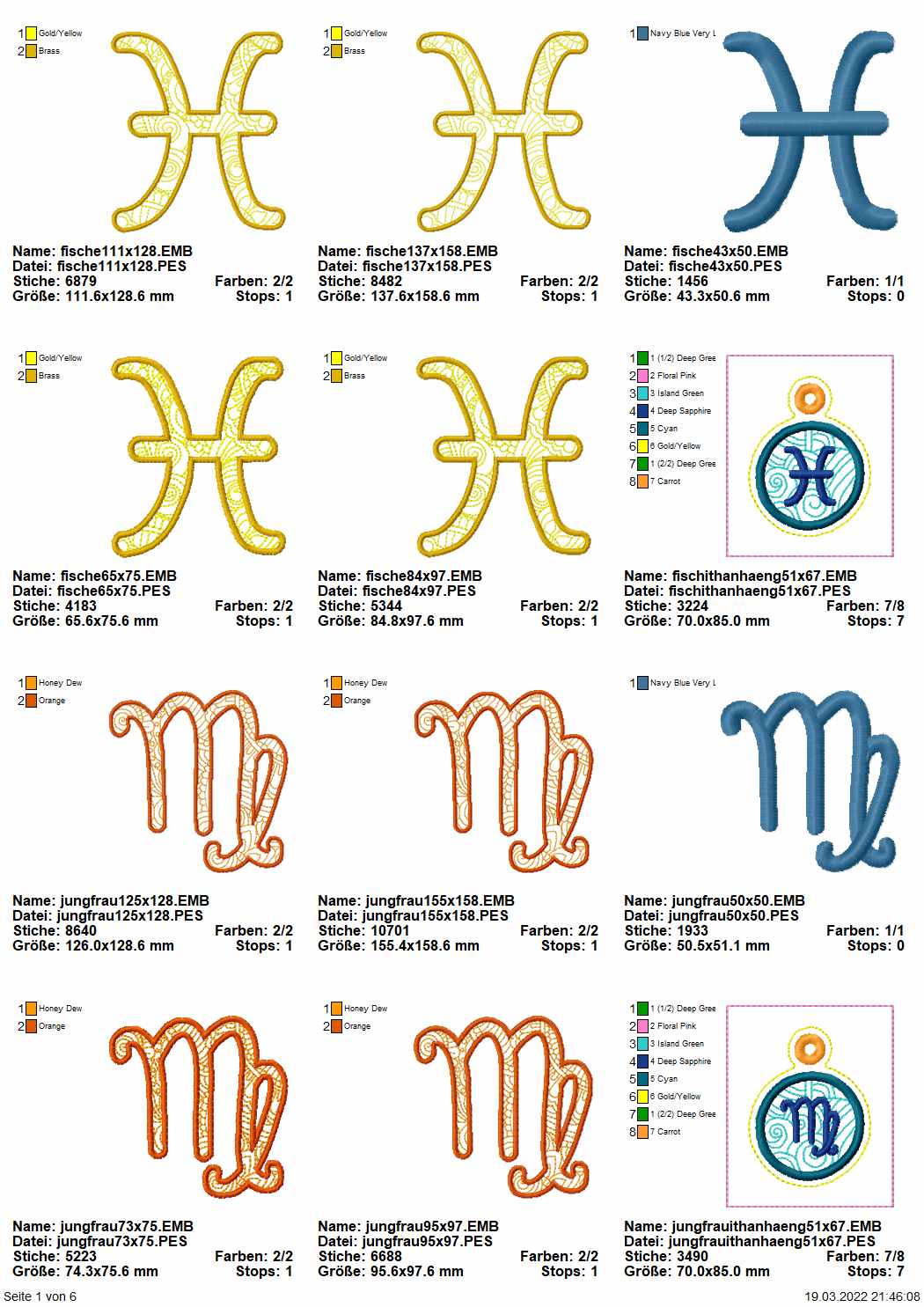 Stickdatei Set Mandala Sternzeichen Symbole Fische und Jungfrau inkl. ITH Anhänger