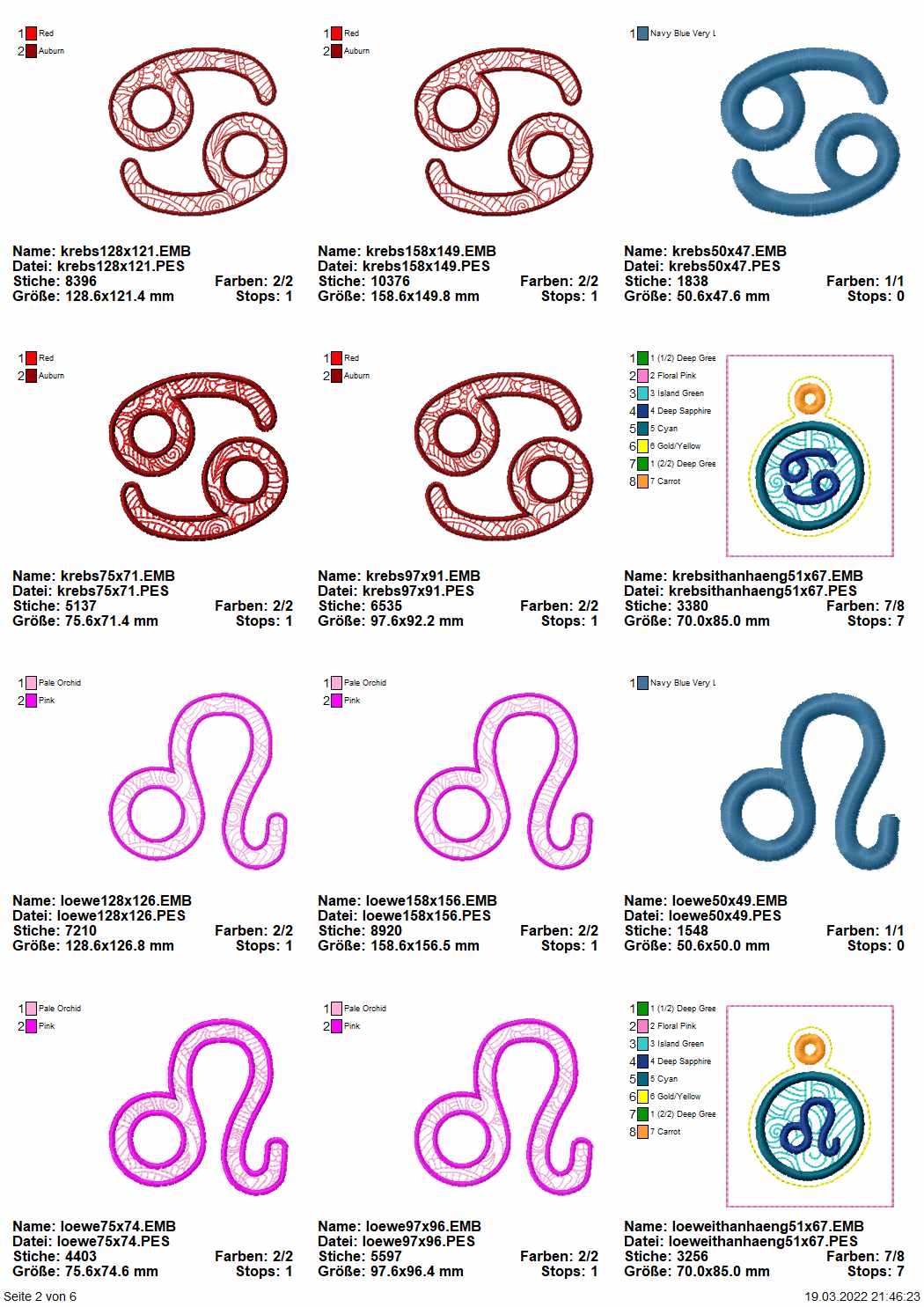 Stickdatei Set Mandala Sternzeichen Zwilling und Löwe Symbole inkl. ITH Anhänger