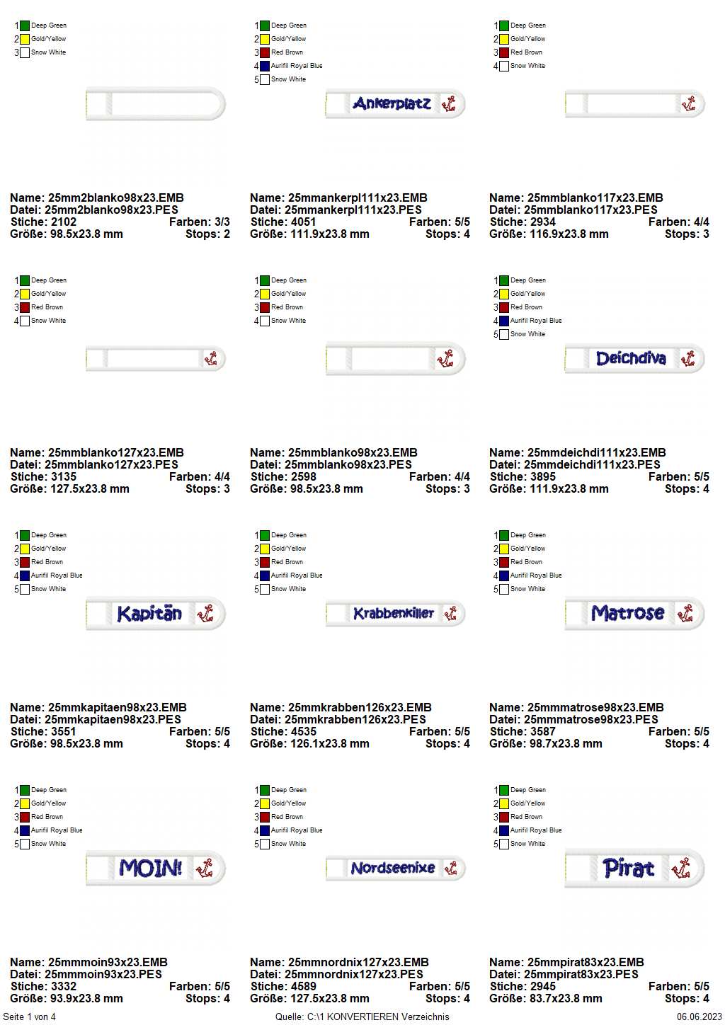 Stickdatei Set ITH Schlüsselanhänger Maritim Vol. I inkl. Blanko Seite 1