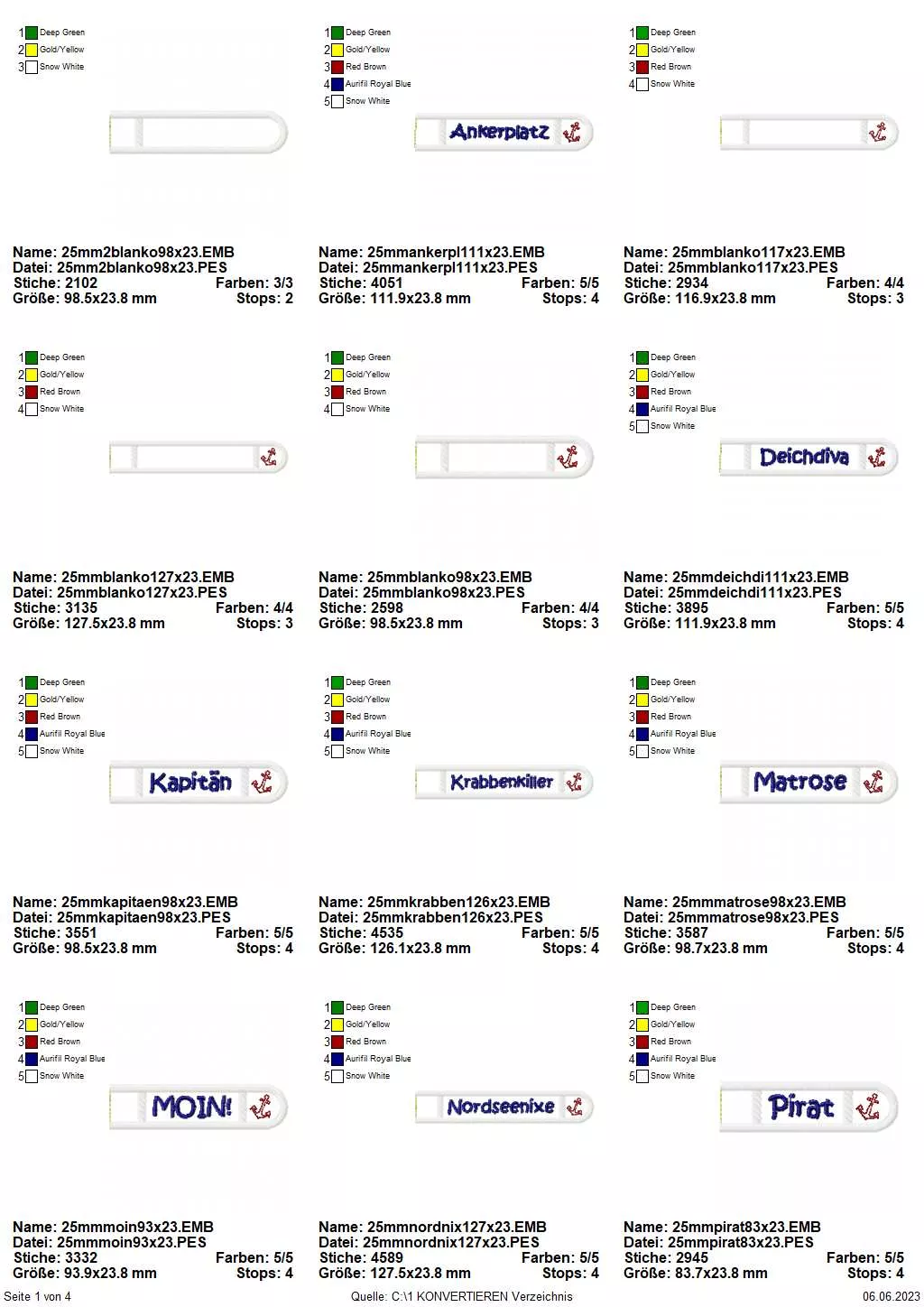Stickdatei Set ITH Schlüsselanhänger Maritim Vol. I inkl. Blanko Seite 1