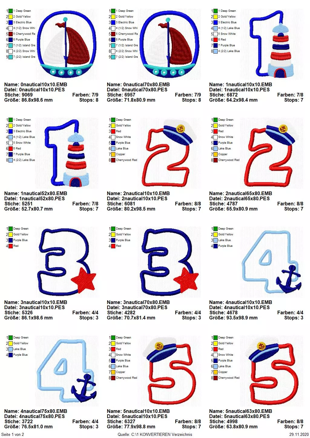 Stickdatei Set Maritime Zahlen (8 und 10 cm Höhe) mit süßen kleinen Meeresmotiven Seite 1