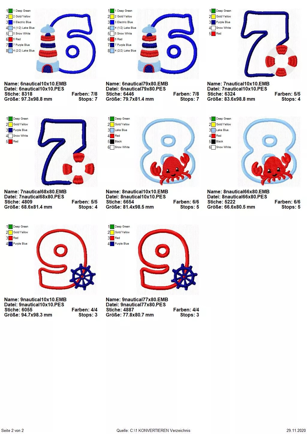 Stickdatei Set Maritime Zahlen (8 und 10 cm Höhe) mit süßen kleinen Meeresmotiven Seite 2